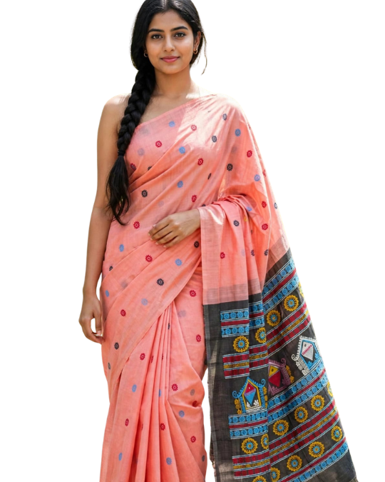 Pure Raw Silk Dolabedi Handloom Saree with All-Over Booti – Chhattisgarh