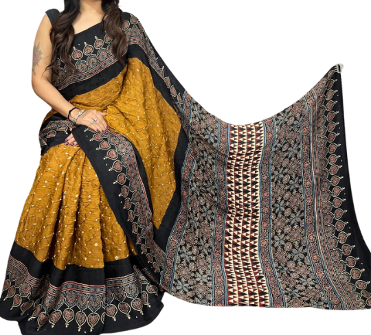 Kutch Ajrakh Bandhani Modal Silk Saree – Hand Block Print & Tie-Dye