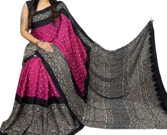 Kutch Ajrakh Bandhani Modal Silk Saree – Hand Block Print & Tie-Dye