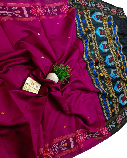 Pure Raw Silk Dolabedi Handloom Saree with All-Over Booti & Temple Border – Chhattisgarh