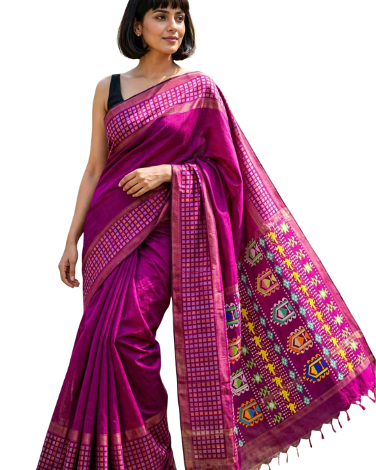 Pure Raw Silk Dolabedi Handloom Saree with All-Over Booti – Chhattisgarh