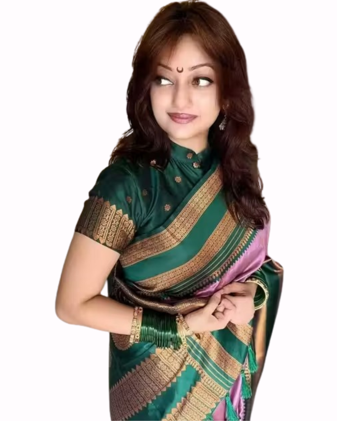 Mauve Pink Silk Saree with Green & Gold Zari Border