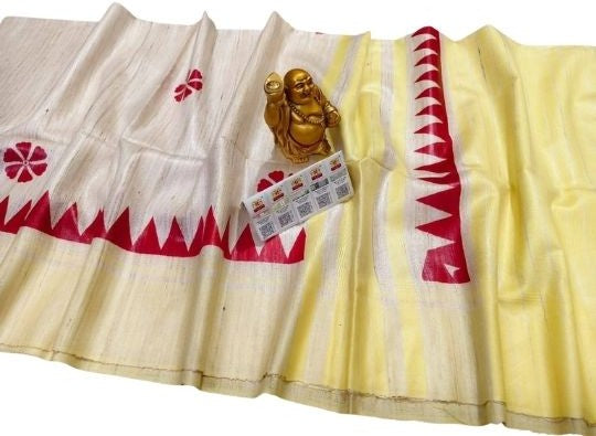 Pure Handloom Bhagalpuri Tussar Silk Saree with Artistic Block Prints