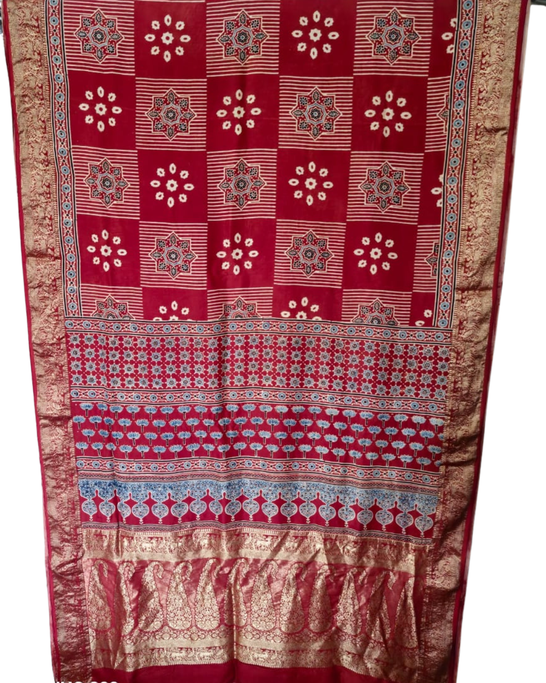 Authentic Ajrakh Hand Block Print Dola Silk Premium Saree with Rich Zari Pallu
