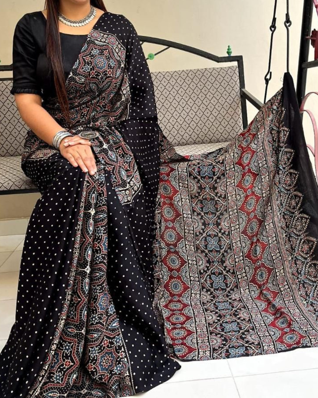 Traditional Indian Handloom Modal Silk Ajrakh Saree – Natural Vegetable Dyed