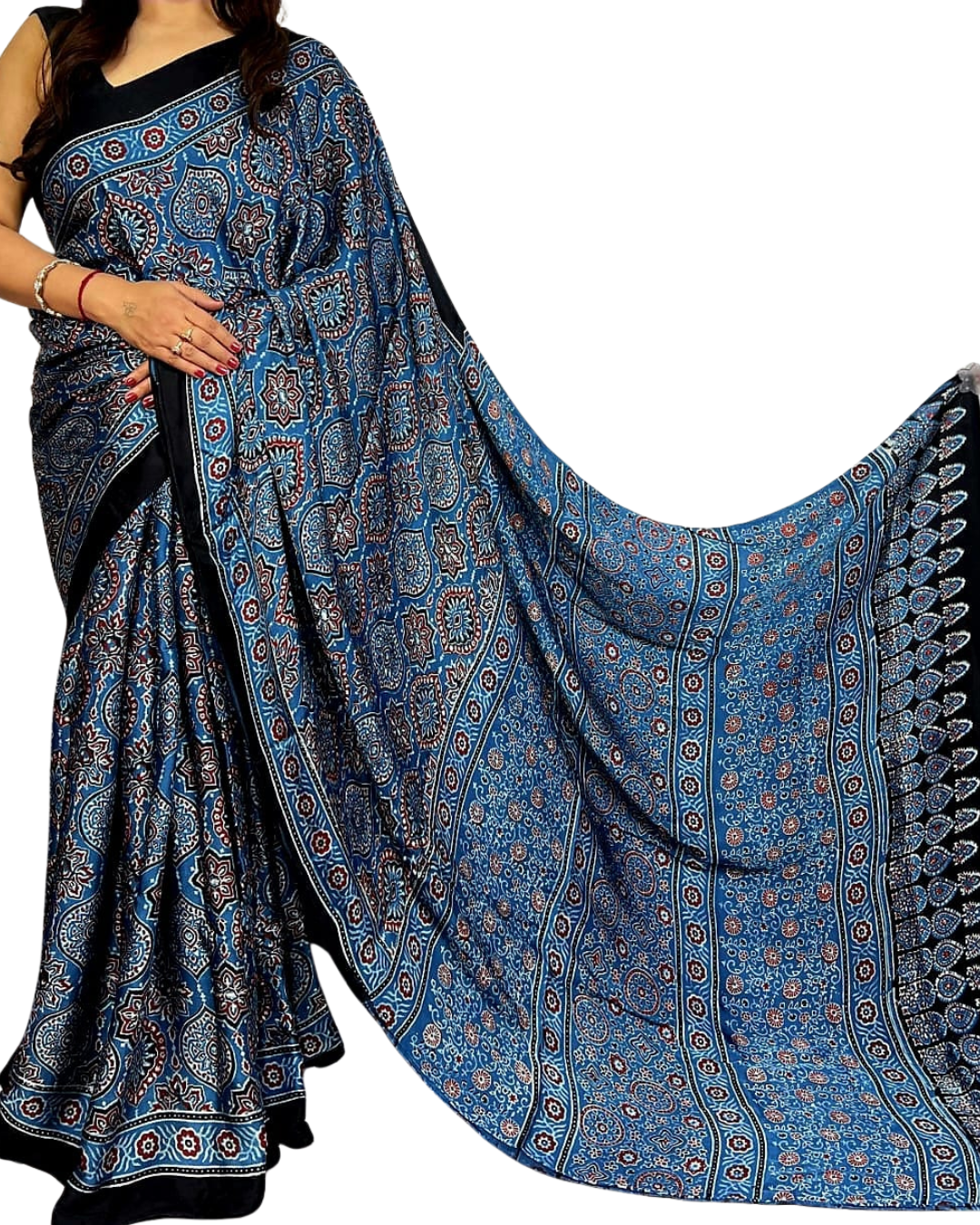 Traditional Indian Handloom Modal Silk Ajrakh Saree – Natural Vegetable Dyed
