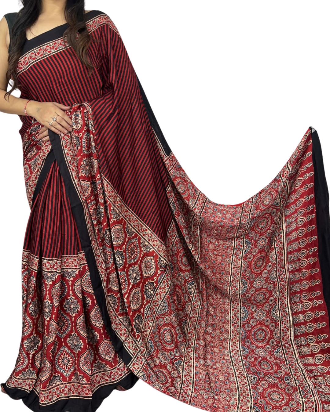 Traditional Indian Handloom Modal Silk Ajrakh Saree – Natural Vegetable Dyed