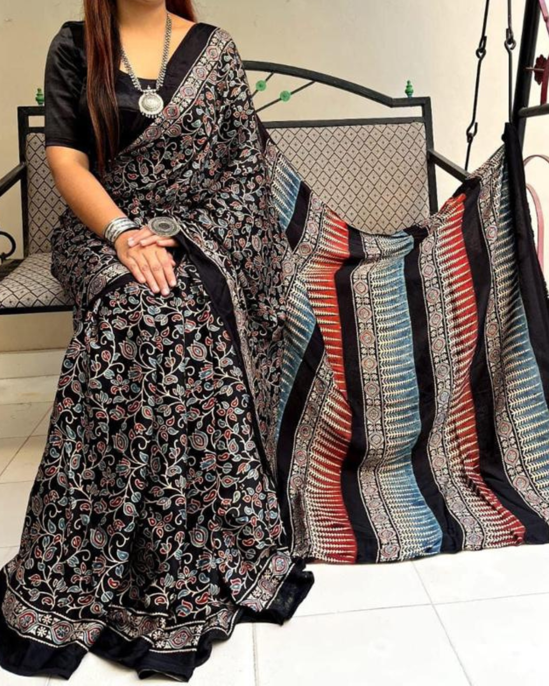 Traditional Indian Handloom Modal Silk Ajrakh Saree – Natural Vegetable Dyed