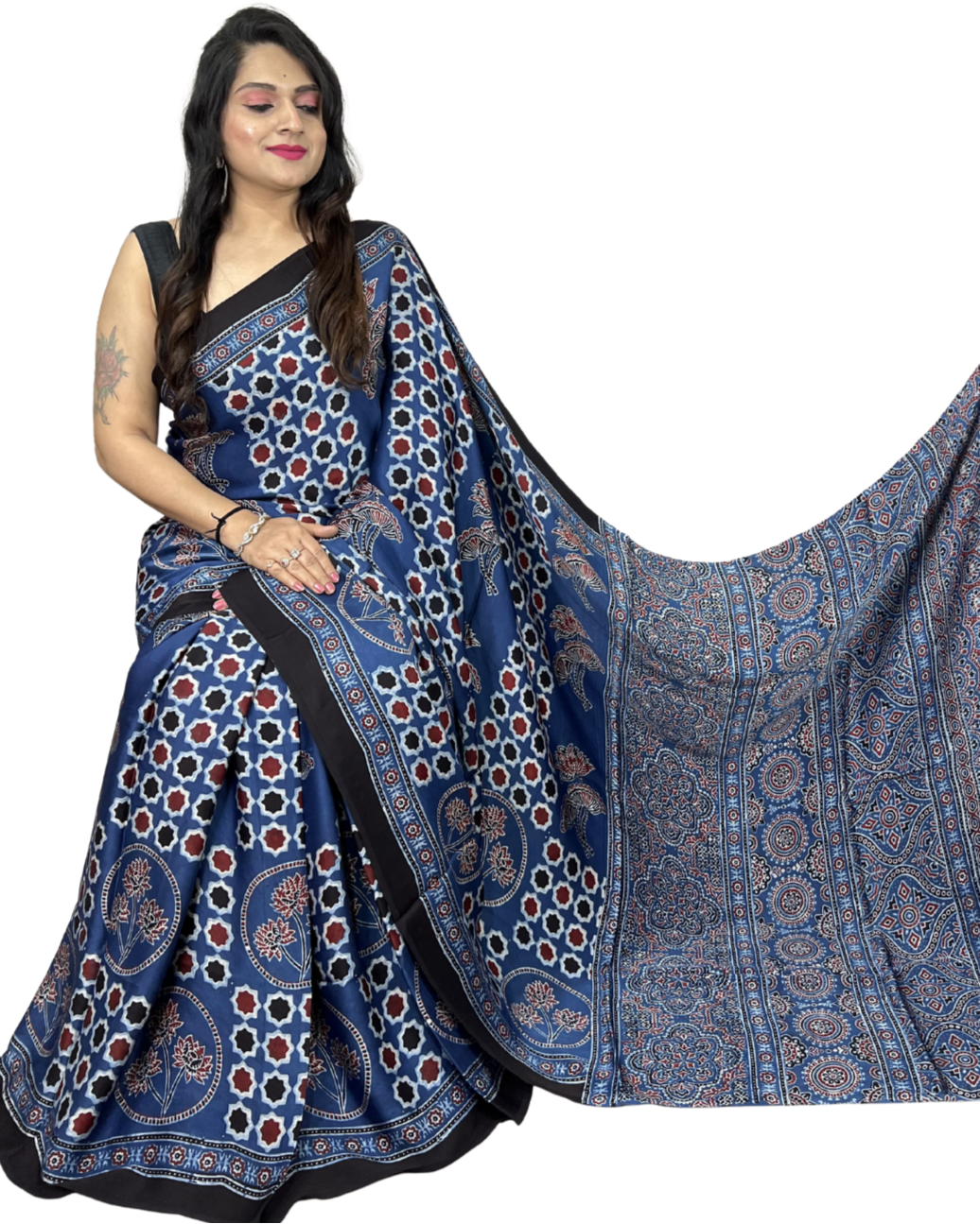 Traditional Indian Handloom Modal Silk Ajrakh Saree – Natural Vegetable Dyed