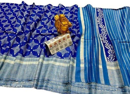 Pure Handloom Bhagalpuri Tussar Silk Saree with Artistic Block Prints