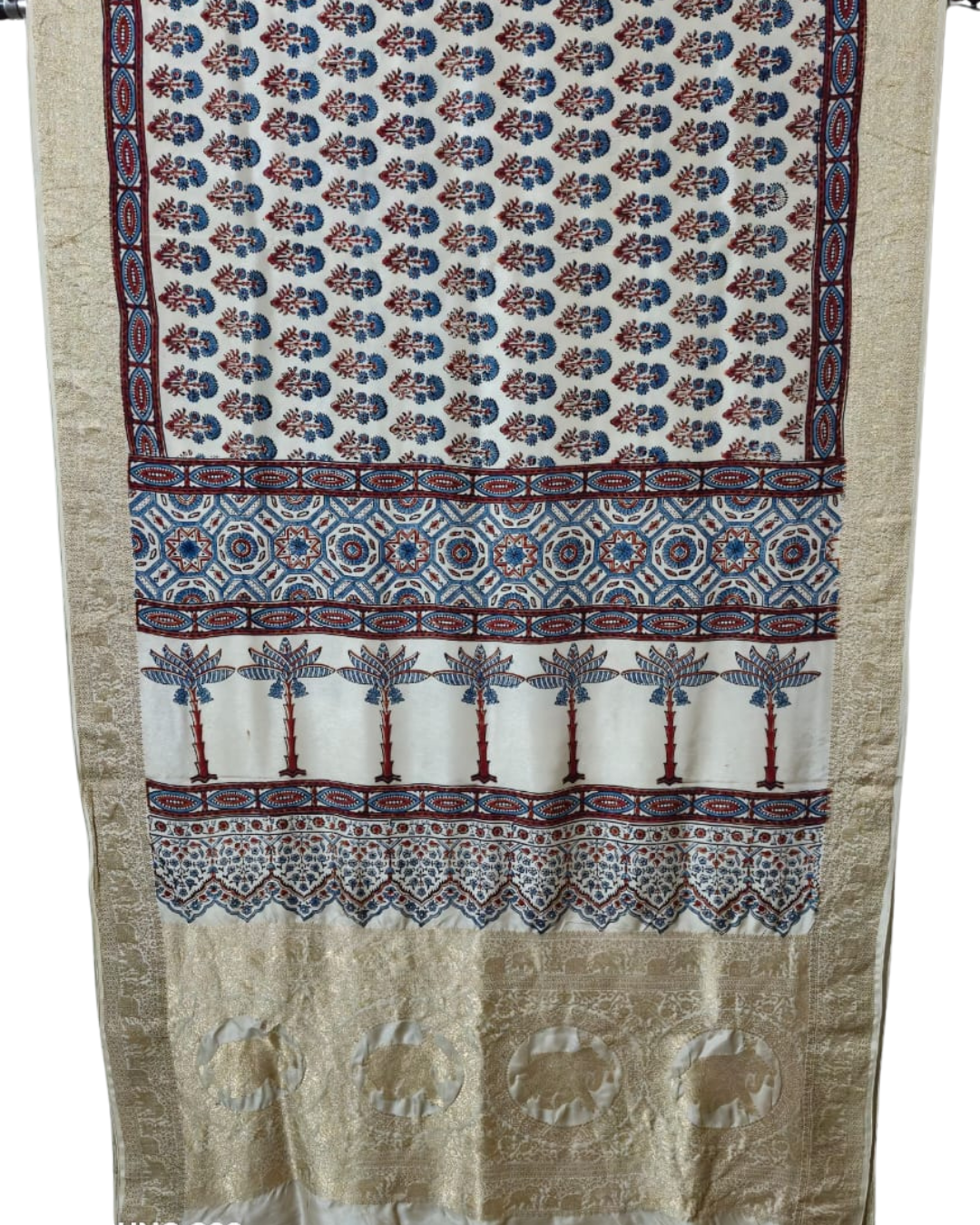 Authentic Ajrakh Hand Block Print Pure Modal Silk Saree with Ajrakh Blouse Piece