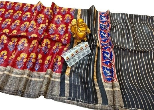 Pure Handloom Bhagalpuri Tussar Silk Saree with Artistic Block Prints