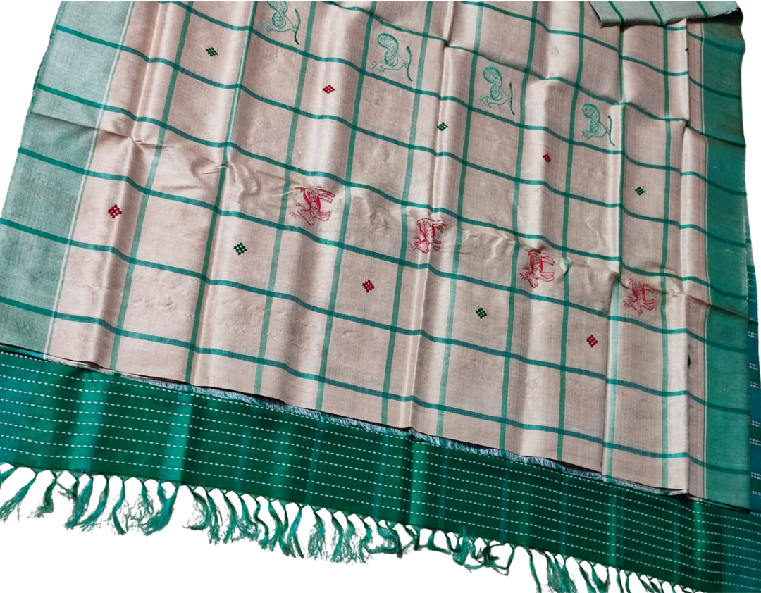 Handmade Santali Tribal Tussar Silk Saree with Check Body Contrast