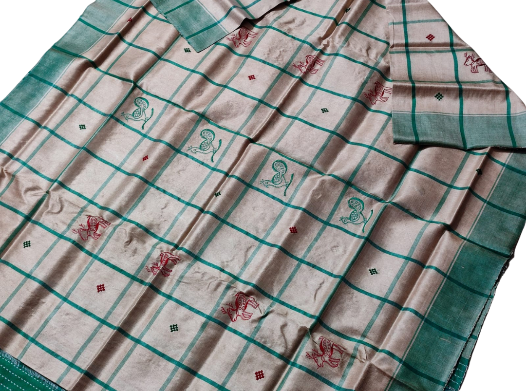 Handmade Santali Tribal Tussar Silk Saree with Check Body Contrast