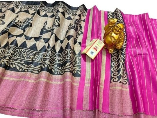 Pure Handloom Bhagalpuri Tussar Silk Saree with Artistic Block Prints