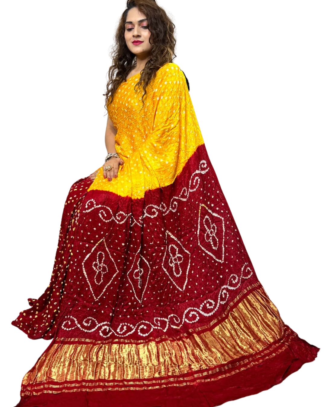 Bandhej Modal Silk Saree with Parrot Motif & Tissue Pallu