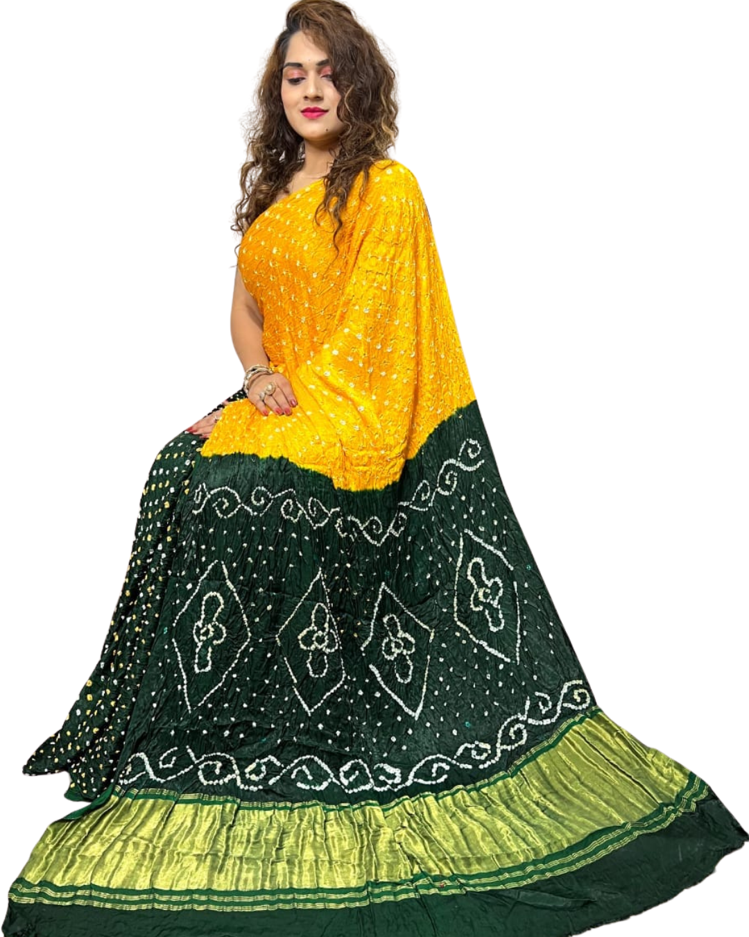 Bandhej Modal Silk Saree with Parrot Motif & Tissue Pallu