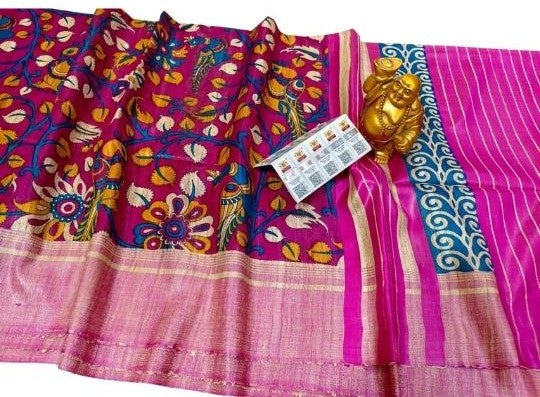 Pure Handloom Bhagalpuri Tussar Silk Saree with Artistic Block Prints