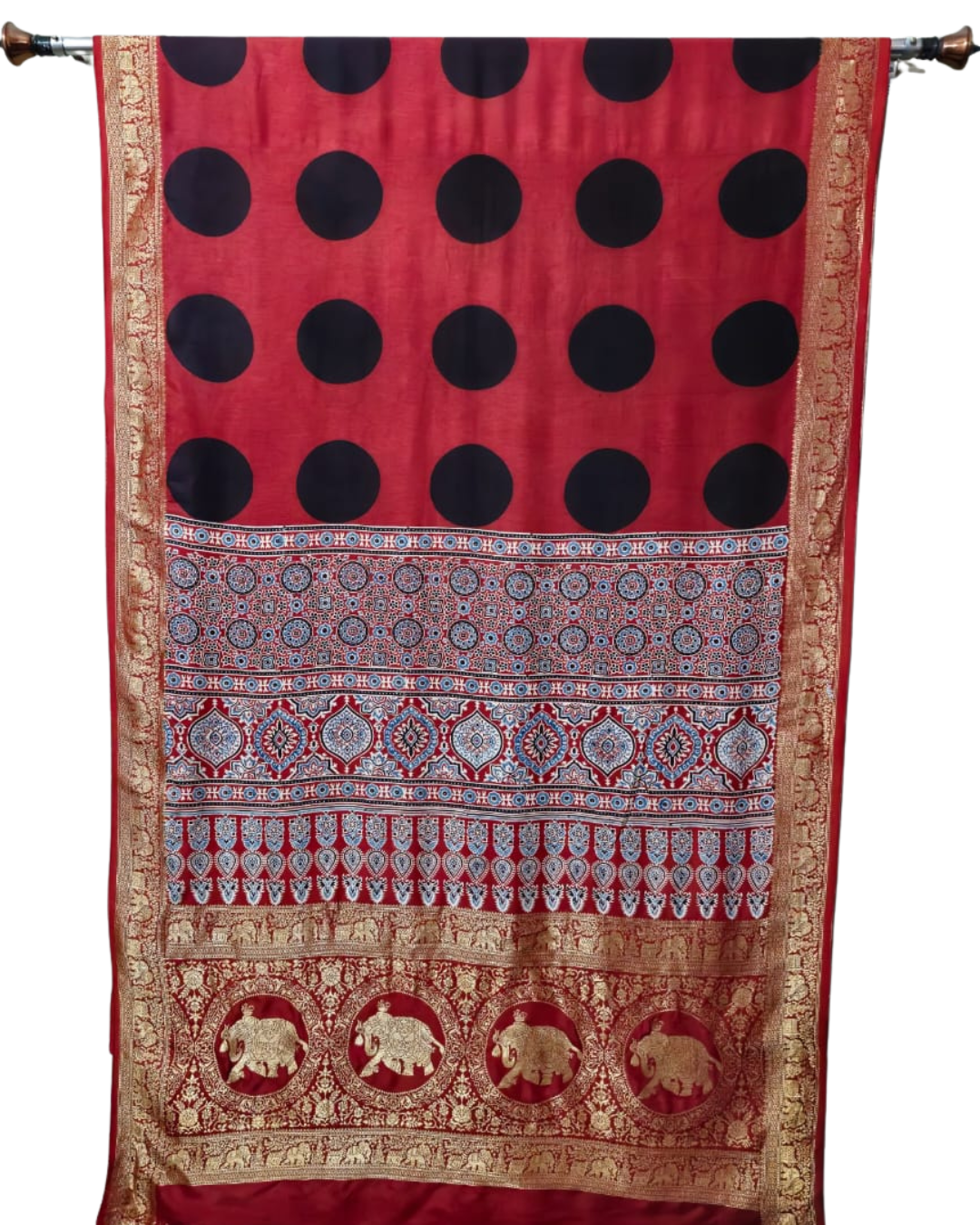 Authentic Ajrakh Hand Block Print Dola Silk Premium Saree with Rich Zari Pallu