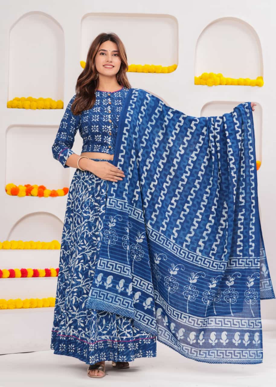 Indigo Color Bagru Hand Block Printed Cotton Lehenga Choli Set
