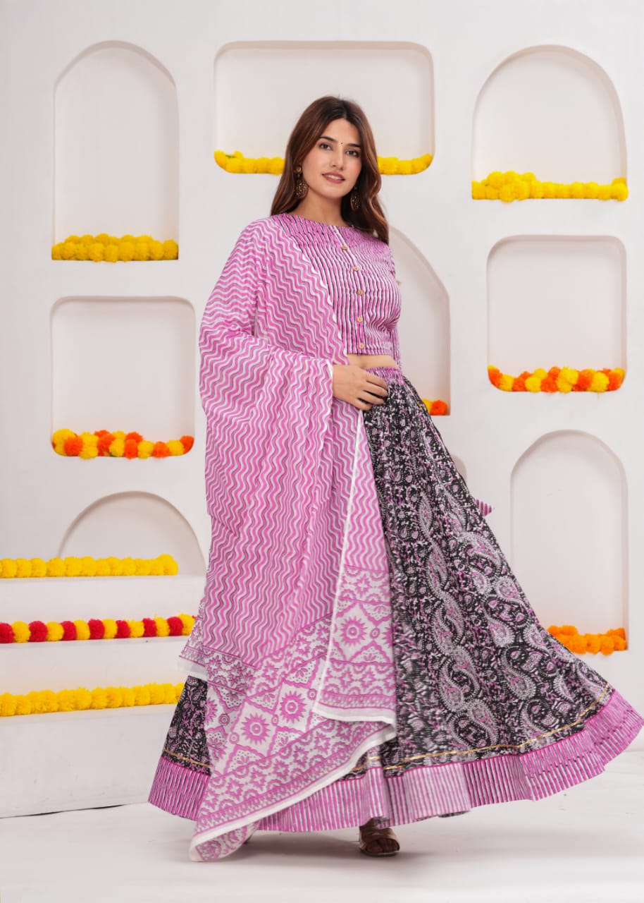 Light Purple Bagru Hand Block Printed Cotton Lehenga Choli Set