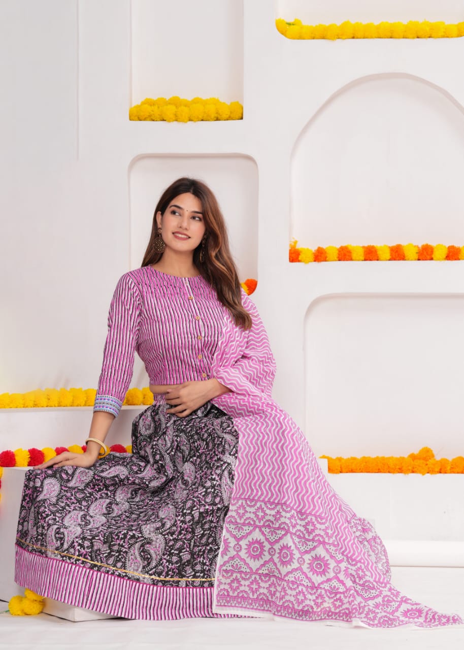 Light Purple Bagru Hand Block Printed Cotton Lehenga Choli Set