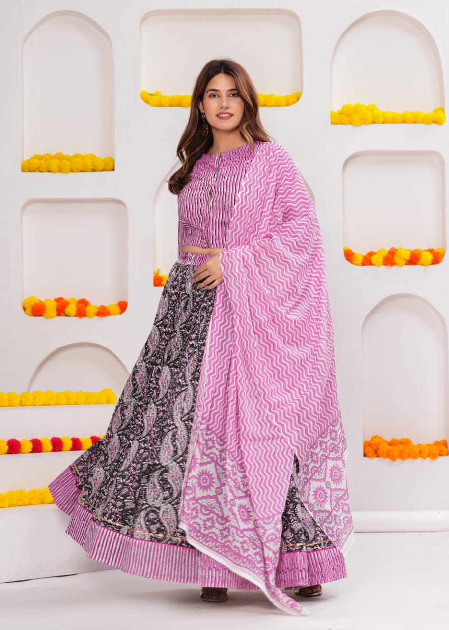 Light Purple Bagru Hand Block Printed Cotton Lehenga Choli Set