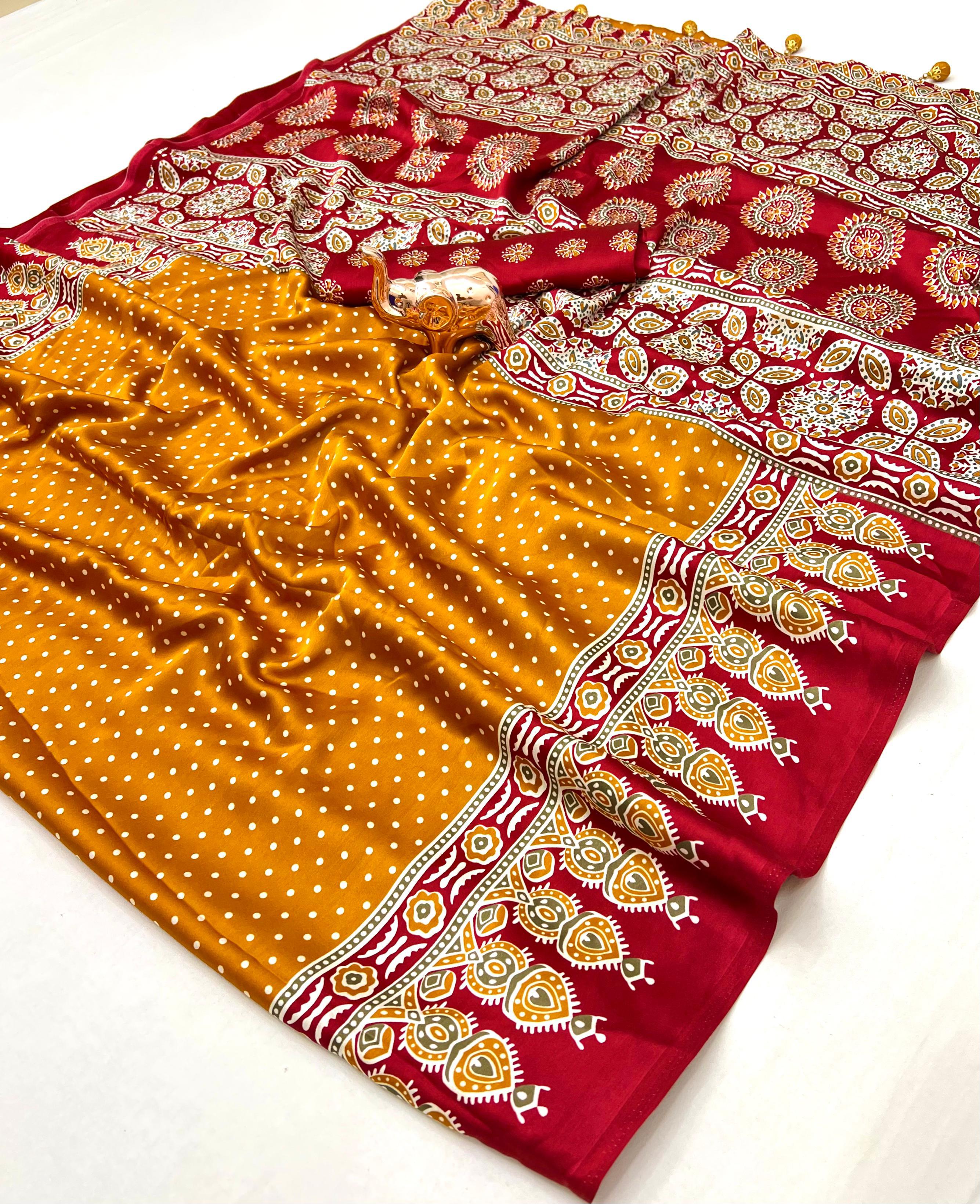Ajrakh Modal Silk Premium Designer Saree With Blouse Piece