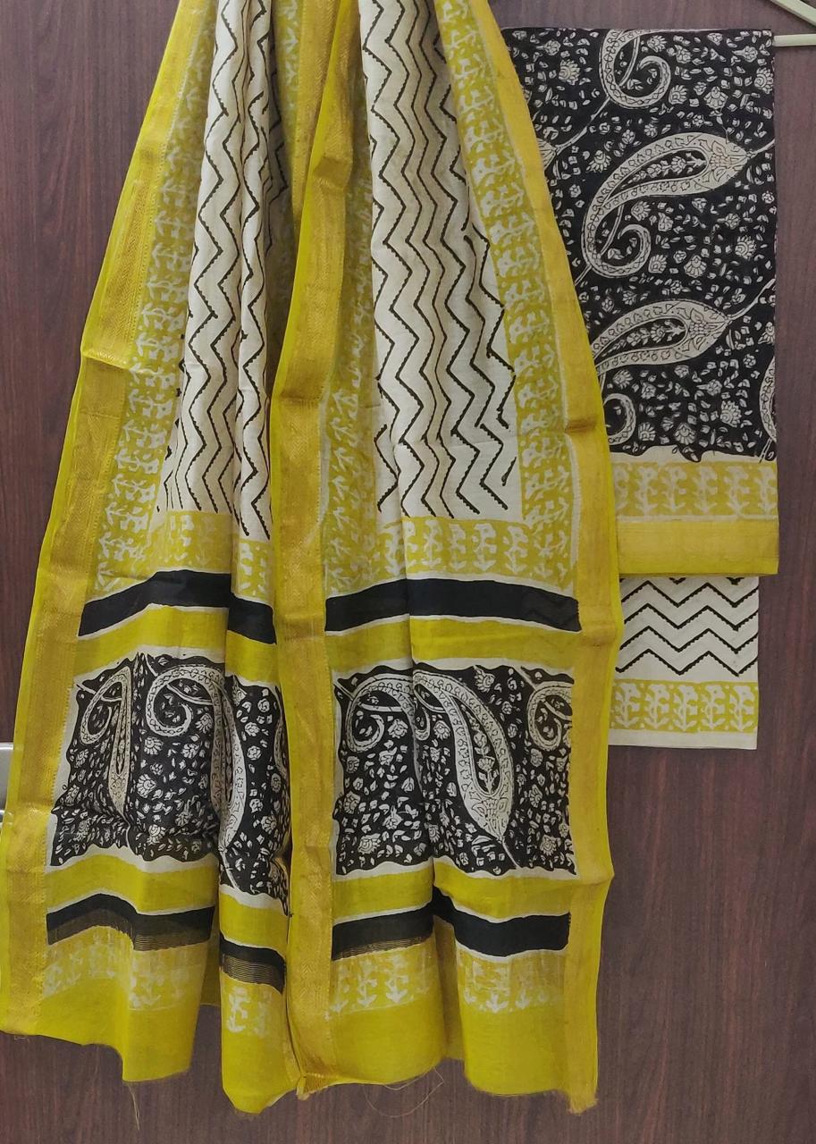 Exclusive Hand Block Printed Maheshwari Silk Suit Set