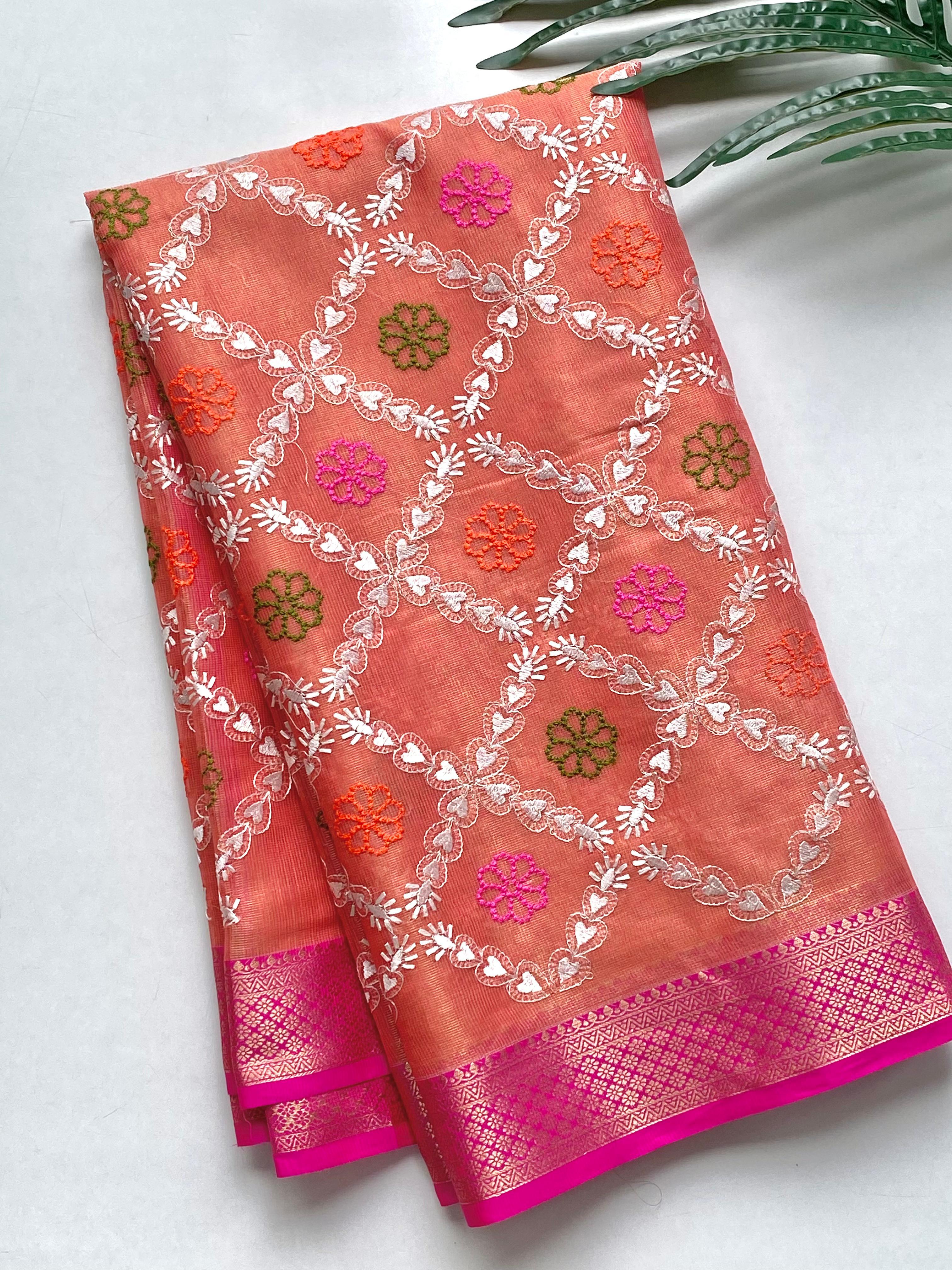 Pure Tissue Kota Embroidery Saree with Pink Contrast Border