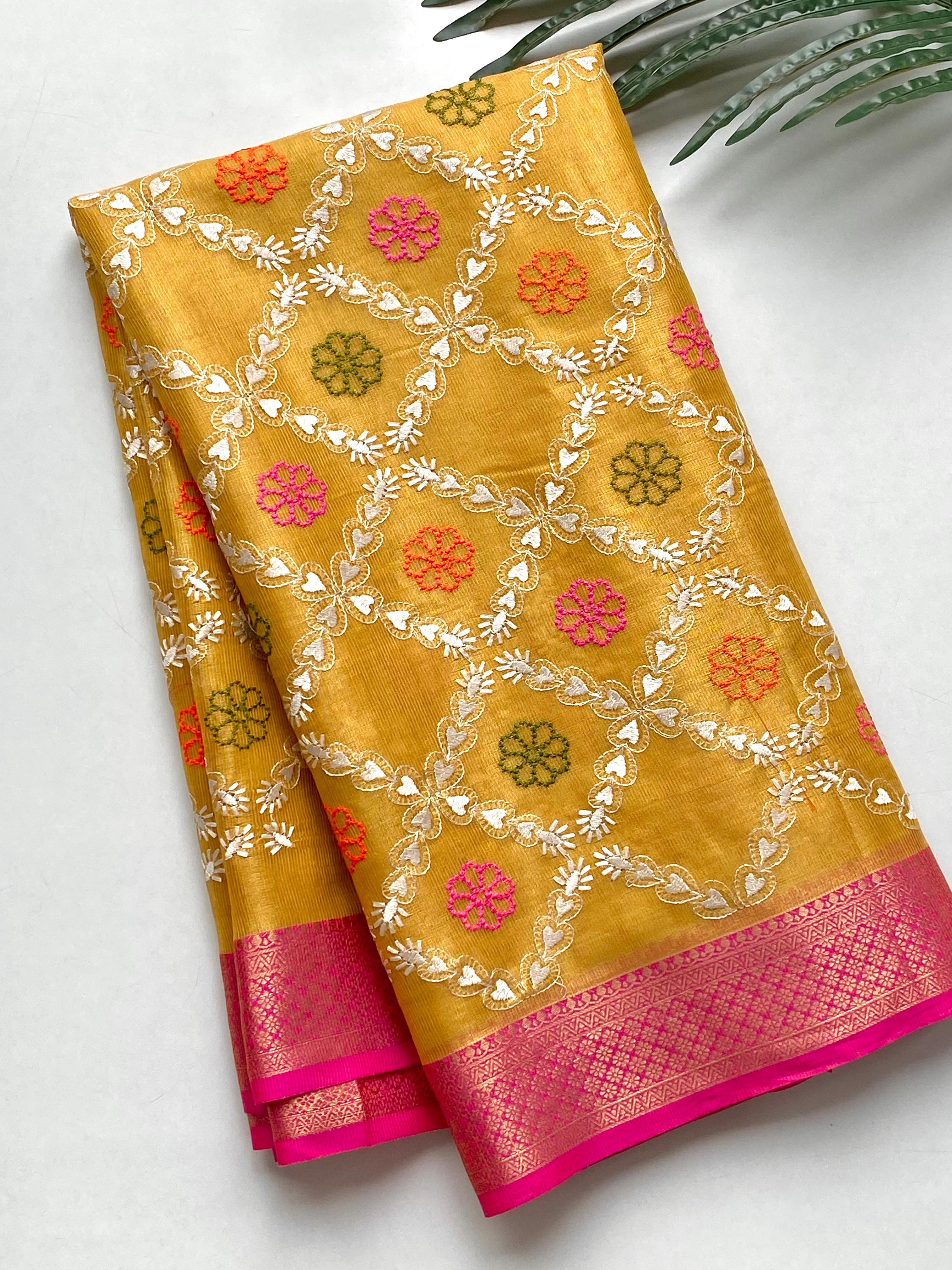 Pure Tissue Kota Embroidery Saree with Pink Contrast Border