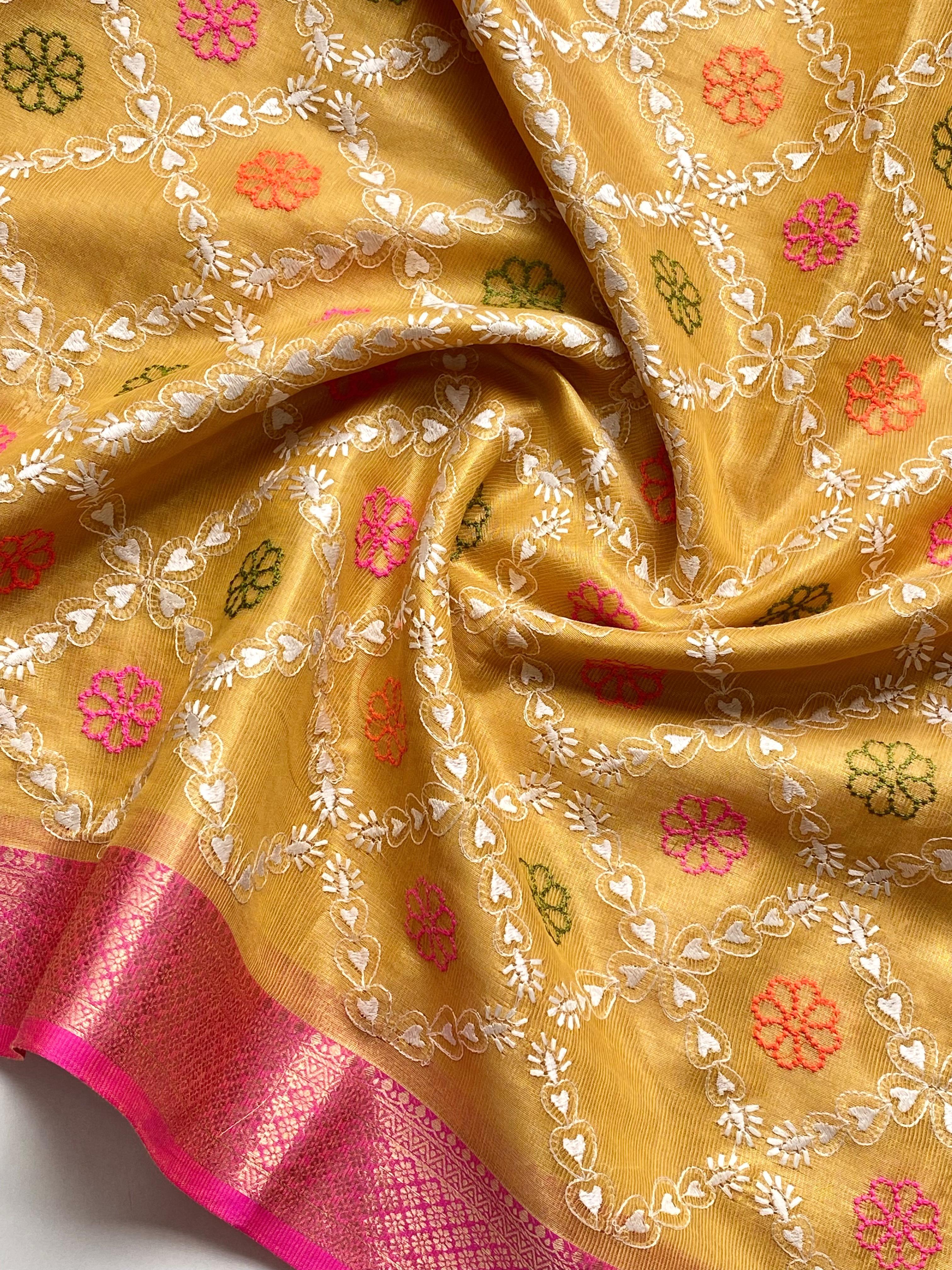 Pure Tissue Kota Embroidery Saree with Pink Contrast Border