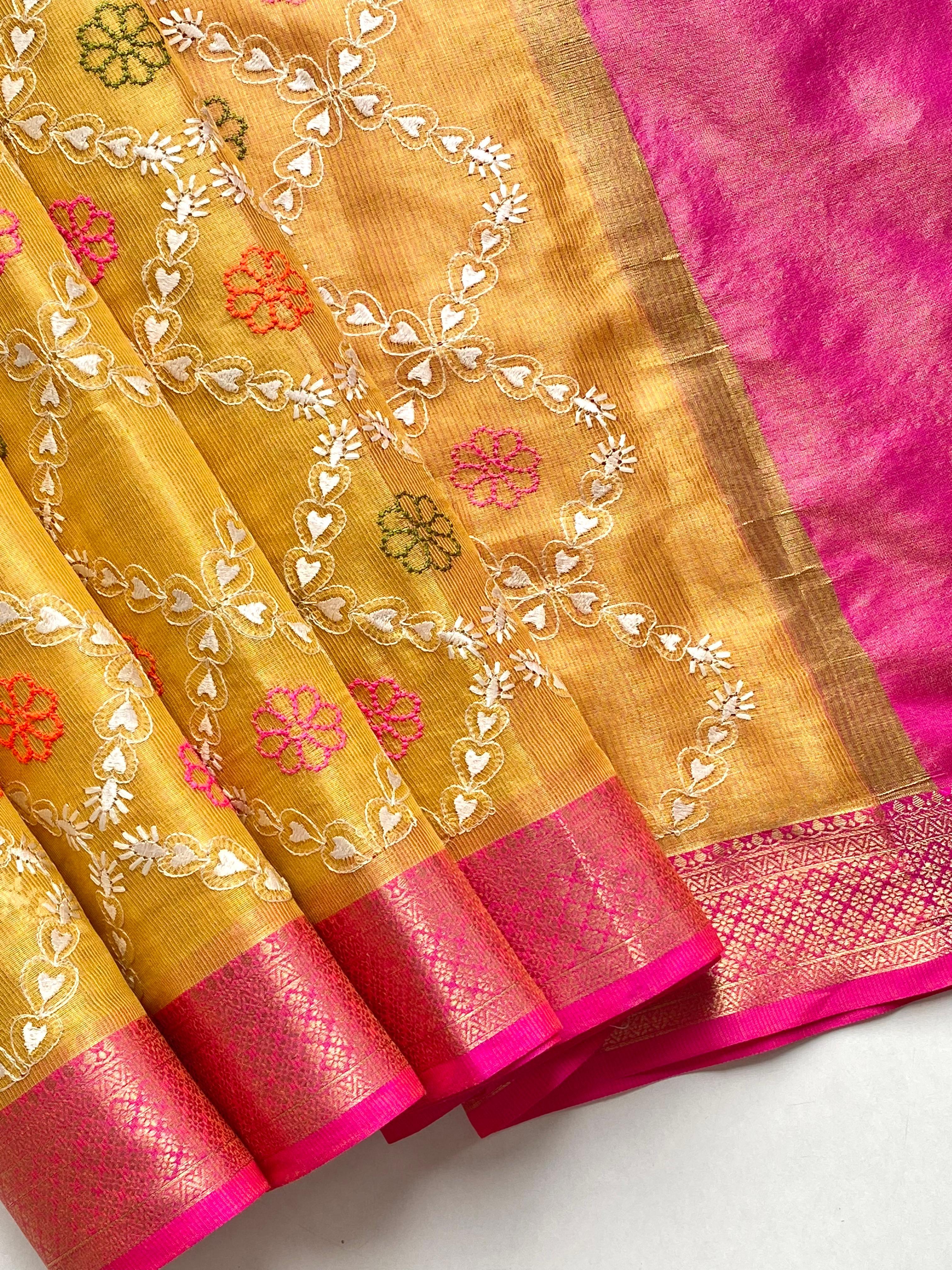 Pure Tissue Kota Embroidery Saree with Pink Contrast Border