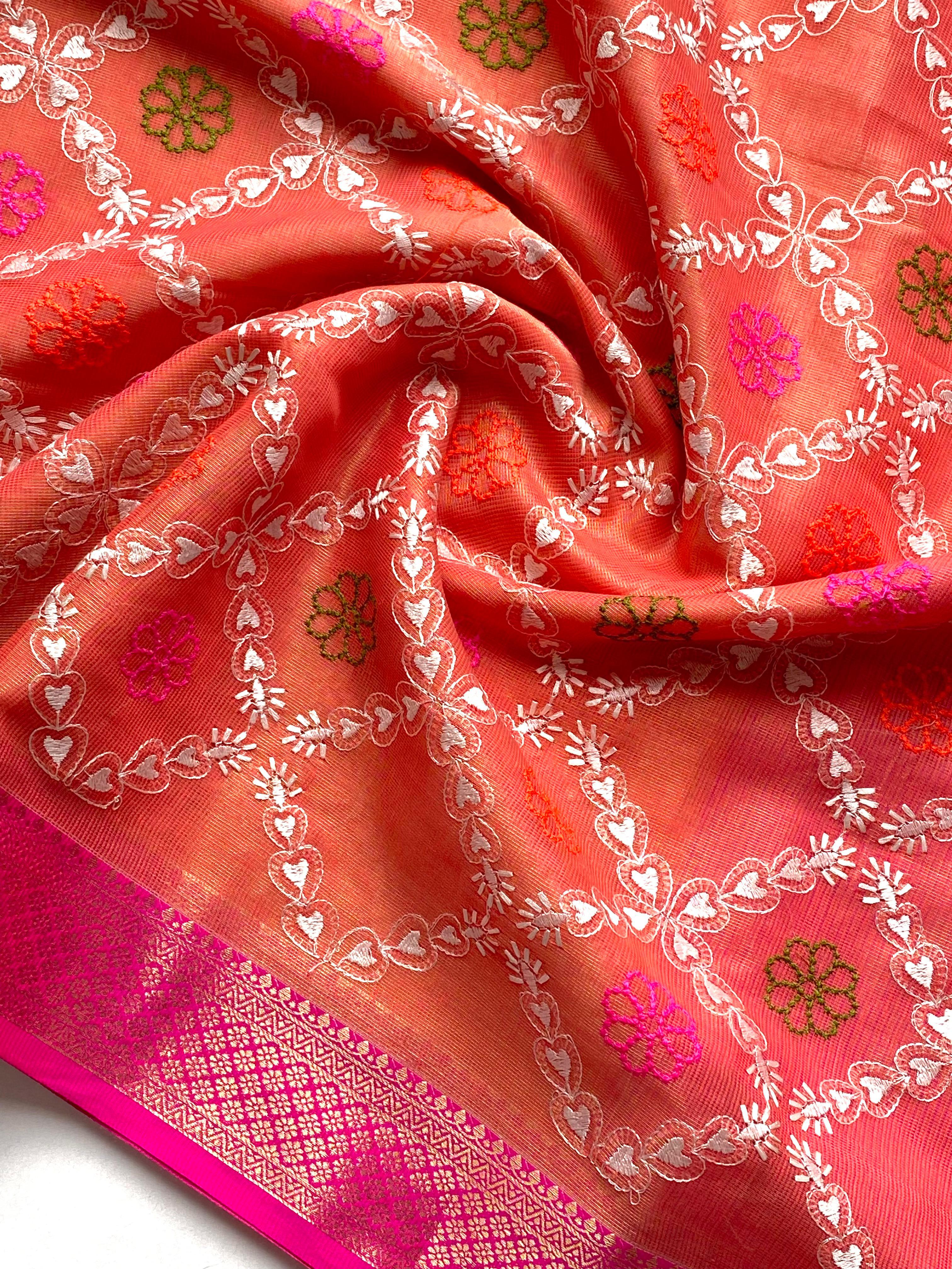 Pure Tissue Kota Embroidery Saree with Pink Contrast Border