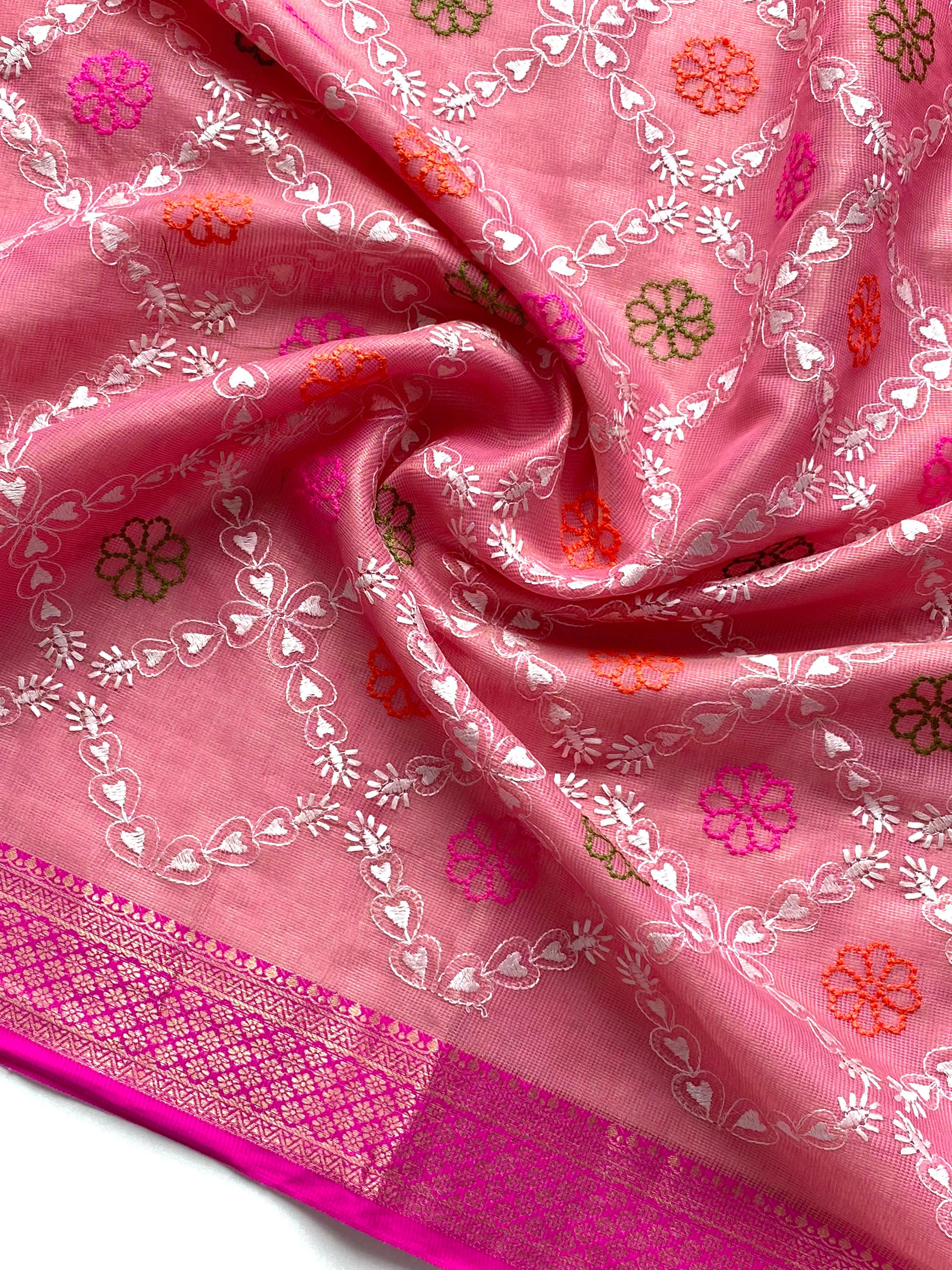 Pure Tissue Kota Embroidery Saree with Pink Contrast Border