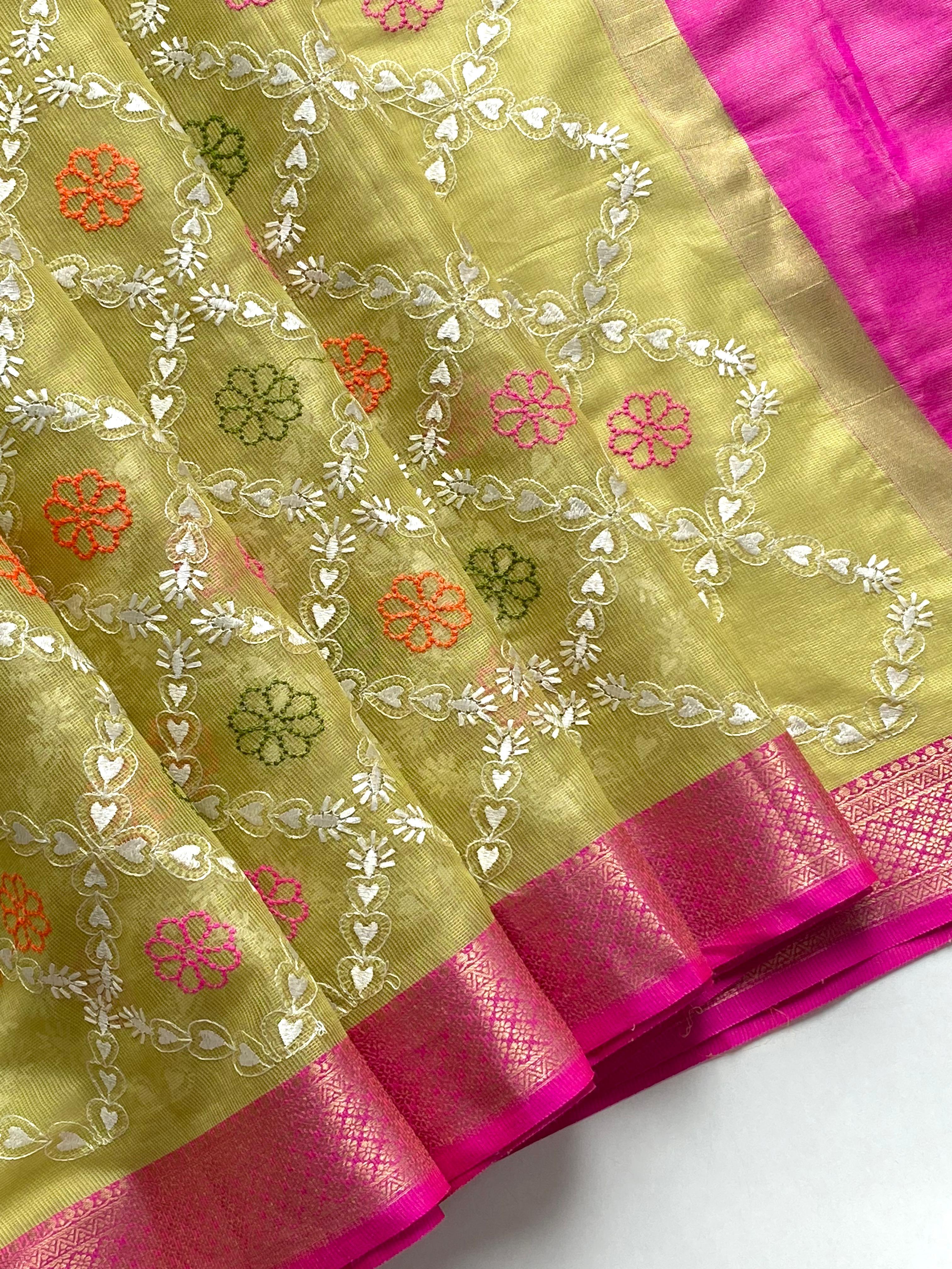 Pure Tissue Kota Embroidery Saree with Pink Contrast Border