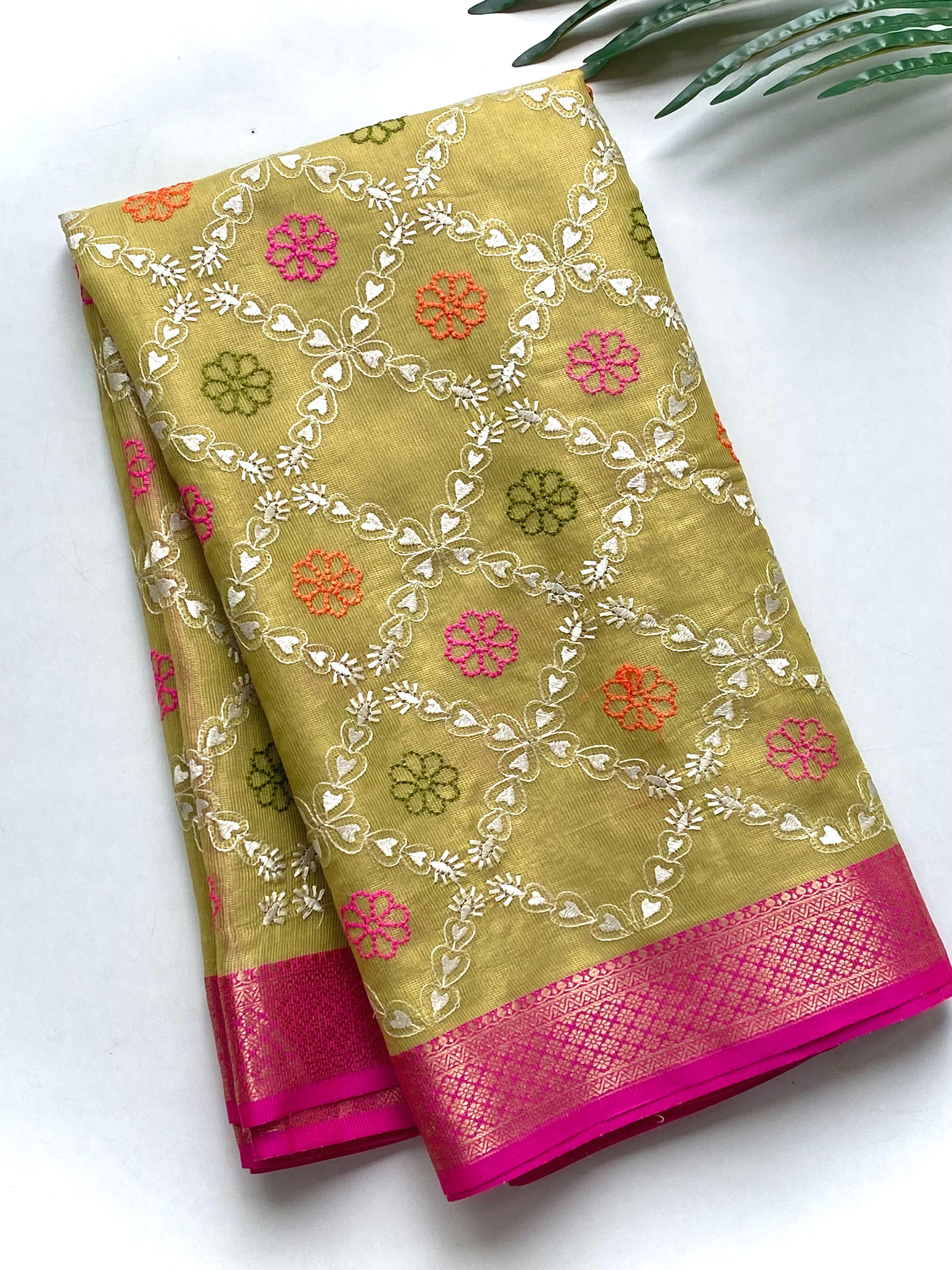 Pure Tissue Kota Embroidery Saree with Pink Contrast Border