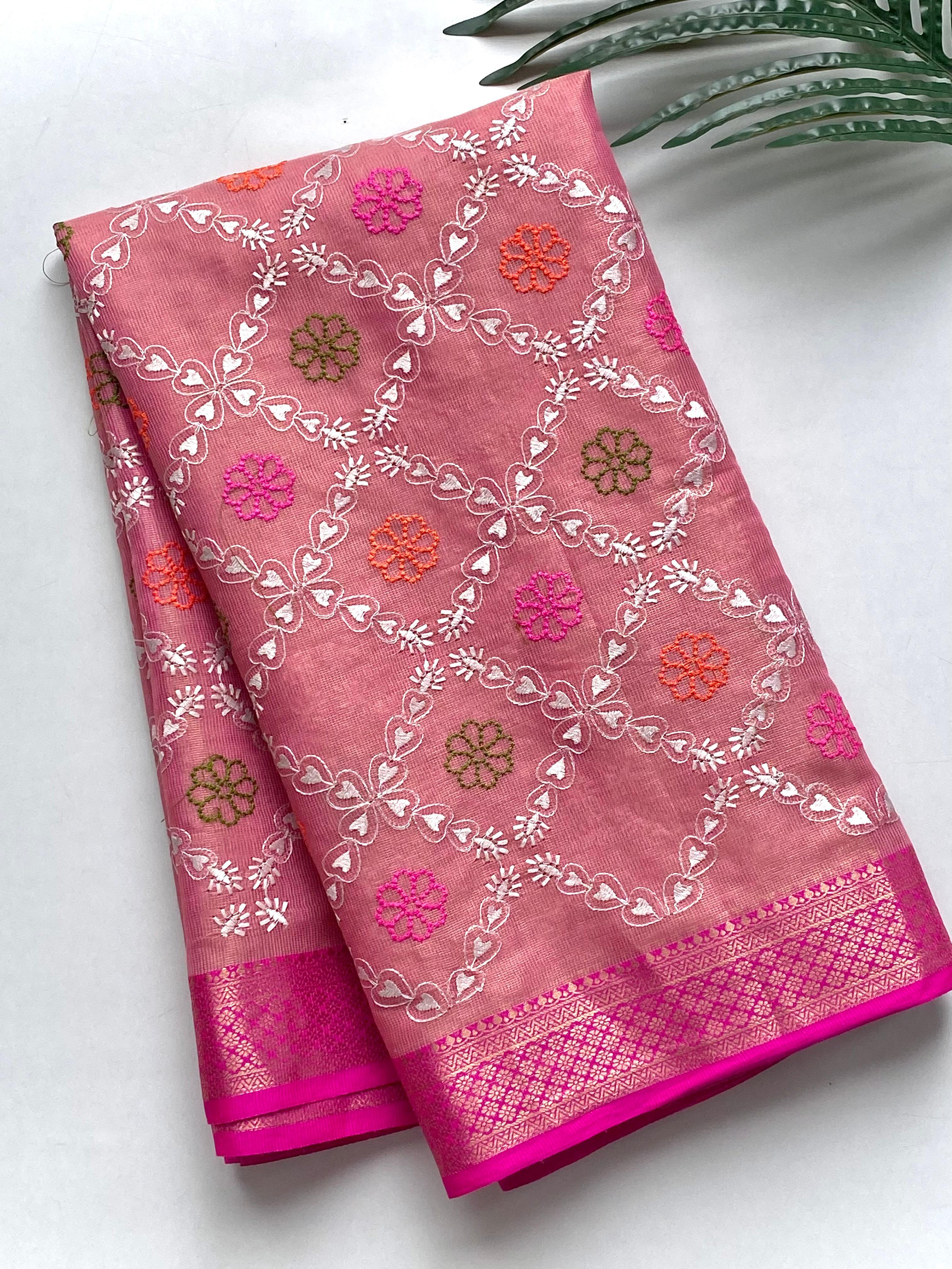 Pure Tissue Kota Embroidery Saree with Pink Contrast Border