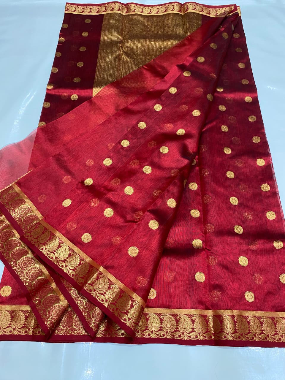 Authentic Burgundy Chanderi Pattu Silk Saree with Golden Buti Work