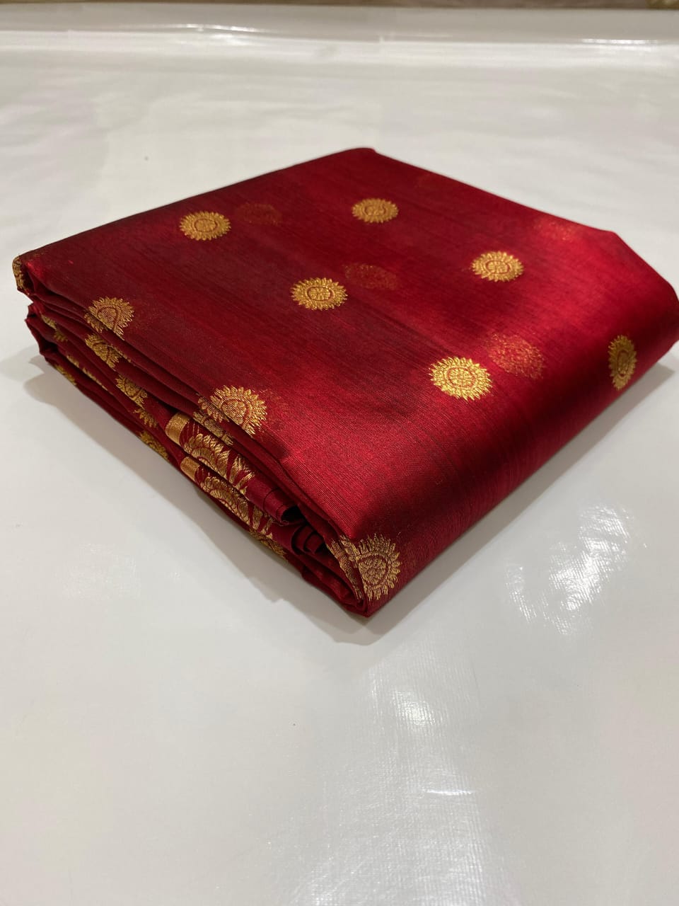 Authentic Burgundy Chanderi Pattu Silk Saree with Golden Buti Work