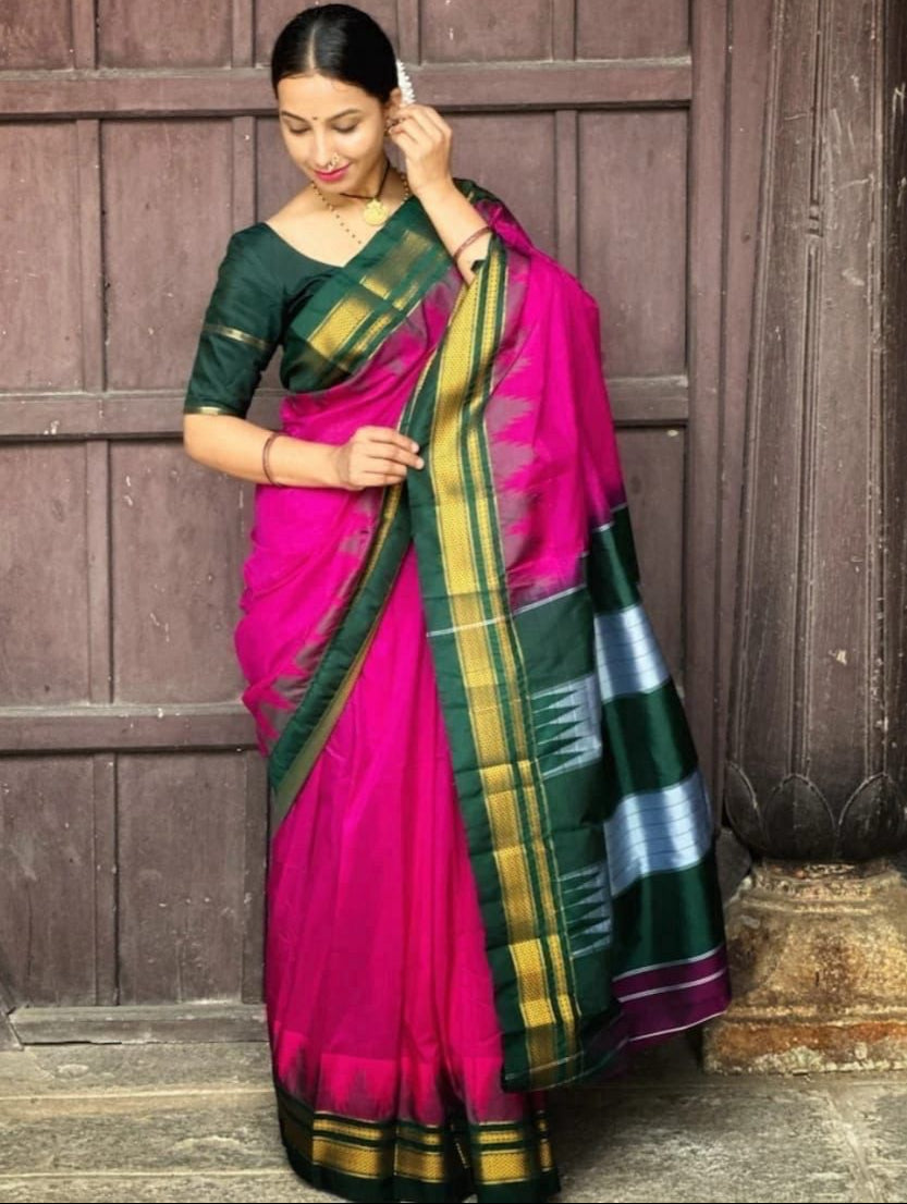 Temple Border Mercerised Cotton Saree with Soft Silk Pallu