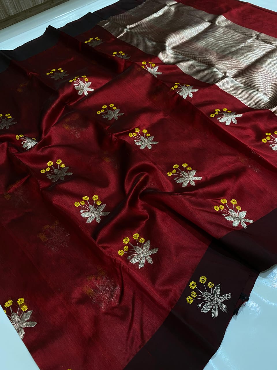 Maroon Color Resham Border Pure Chanderi Silk Saree