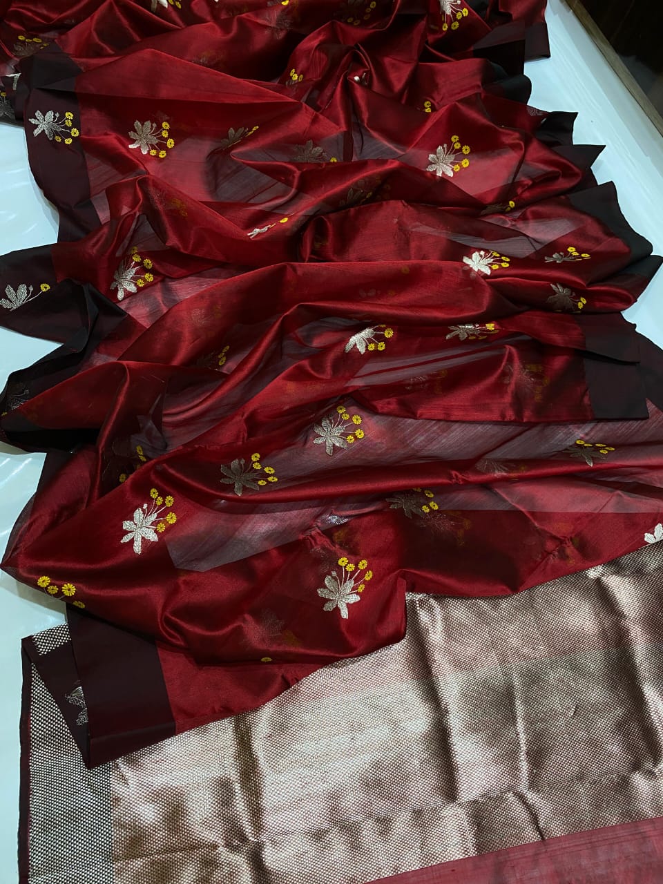 Maroon Color Resham Border Pure Chanderi Silk Saree