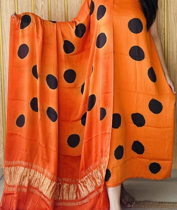 Pure Modal Silk Polka Dot Handblock Print Suit Set with Zari Dupatta