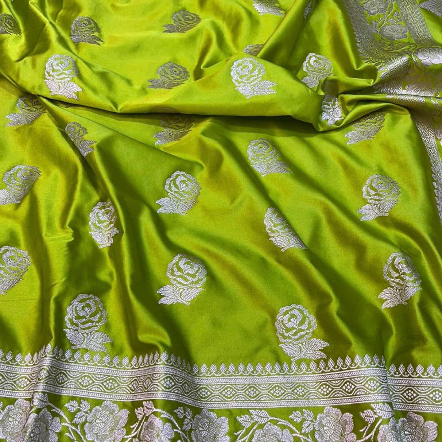 Banarasi Mashru Silk Saree in Vibrant Lime Green