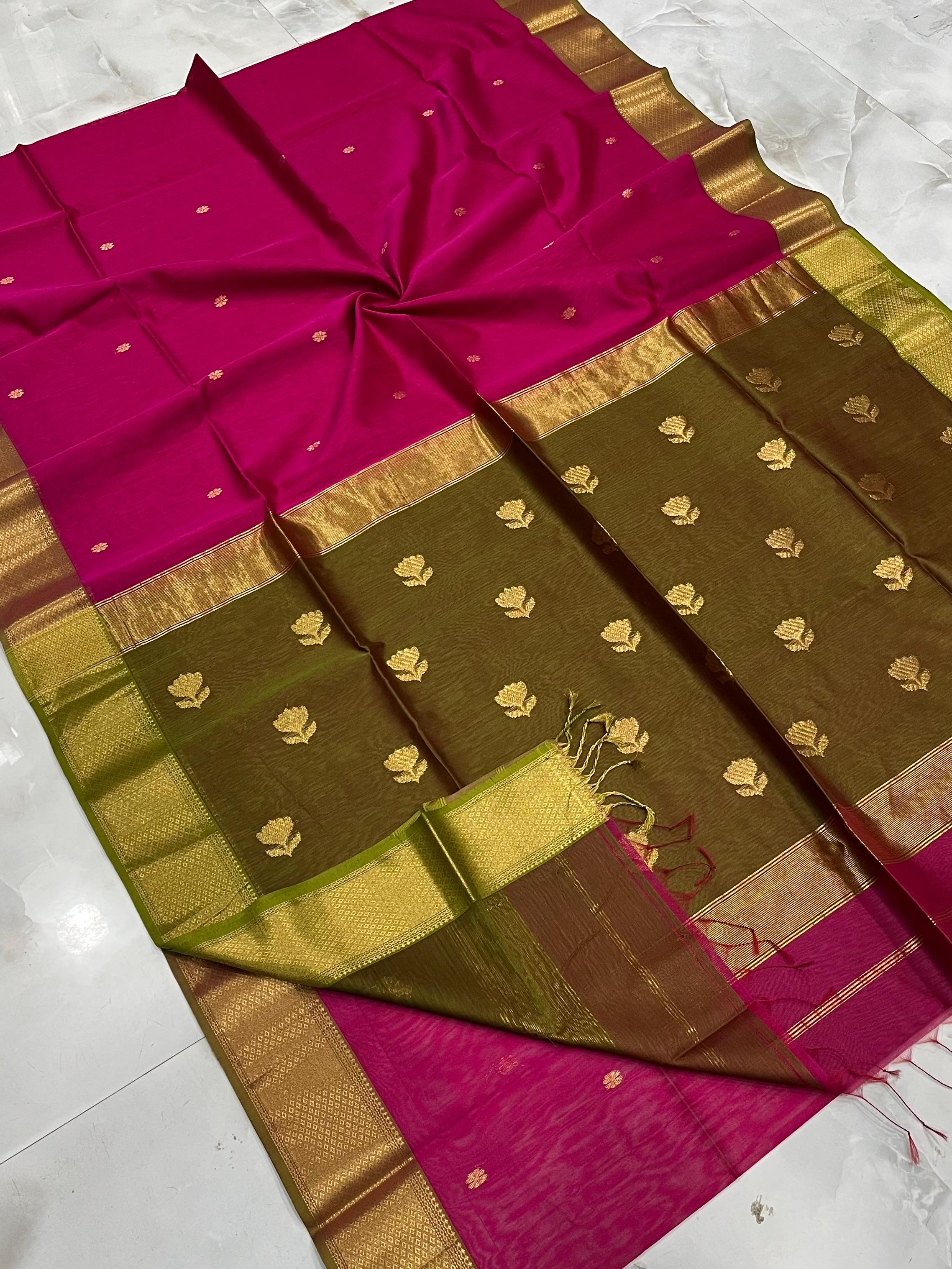 Maheshwari Handloom Silk Cotton Saree with Lotus Zari Pallu