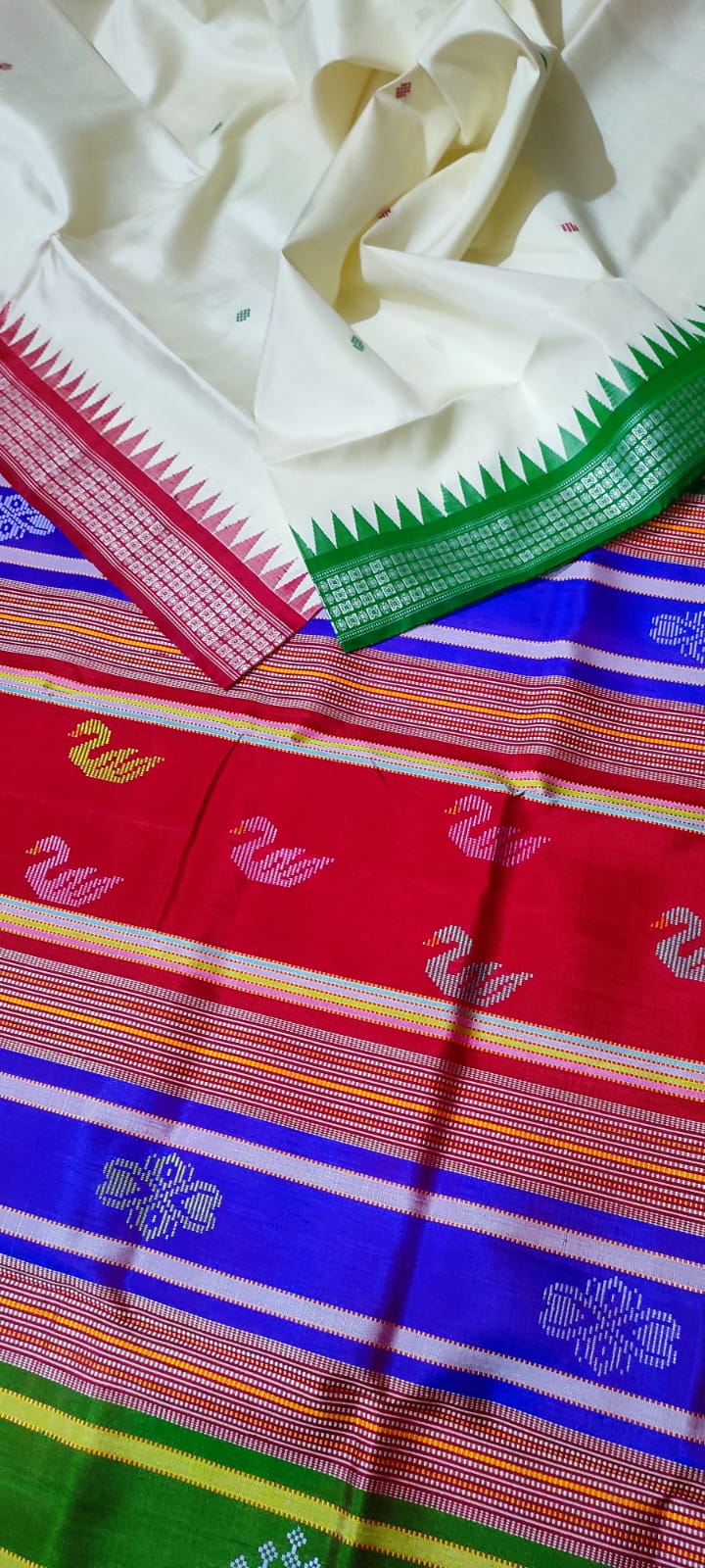 White Berhampuri Double Pallu Silk Saree | Ganga Jamuna Border