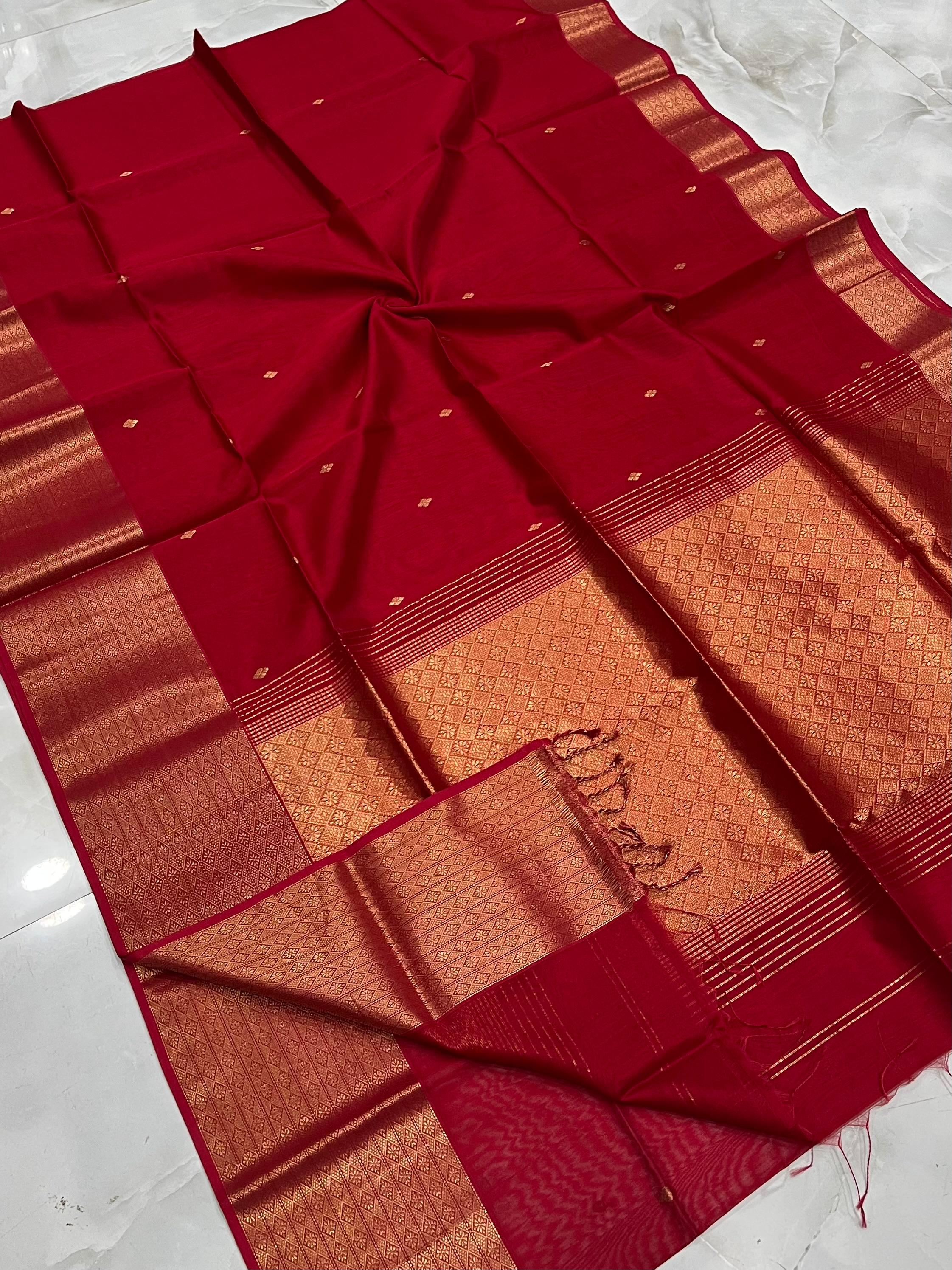 Red Maheshwari Silk Saree with Golden Zari Border