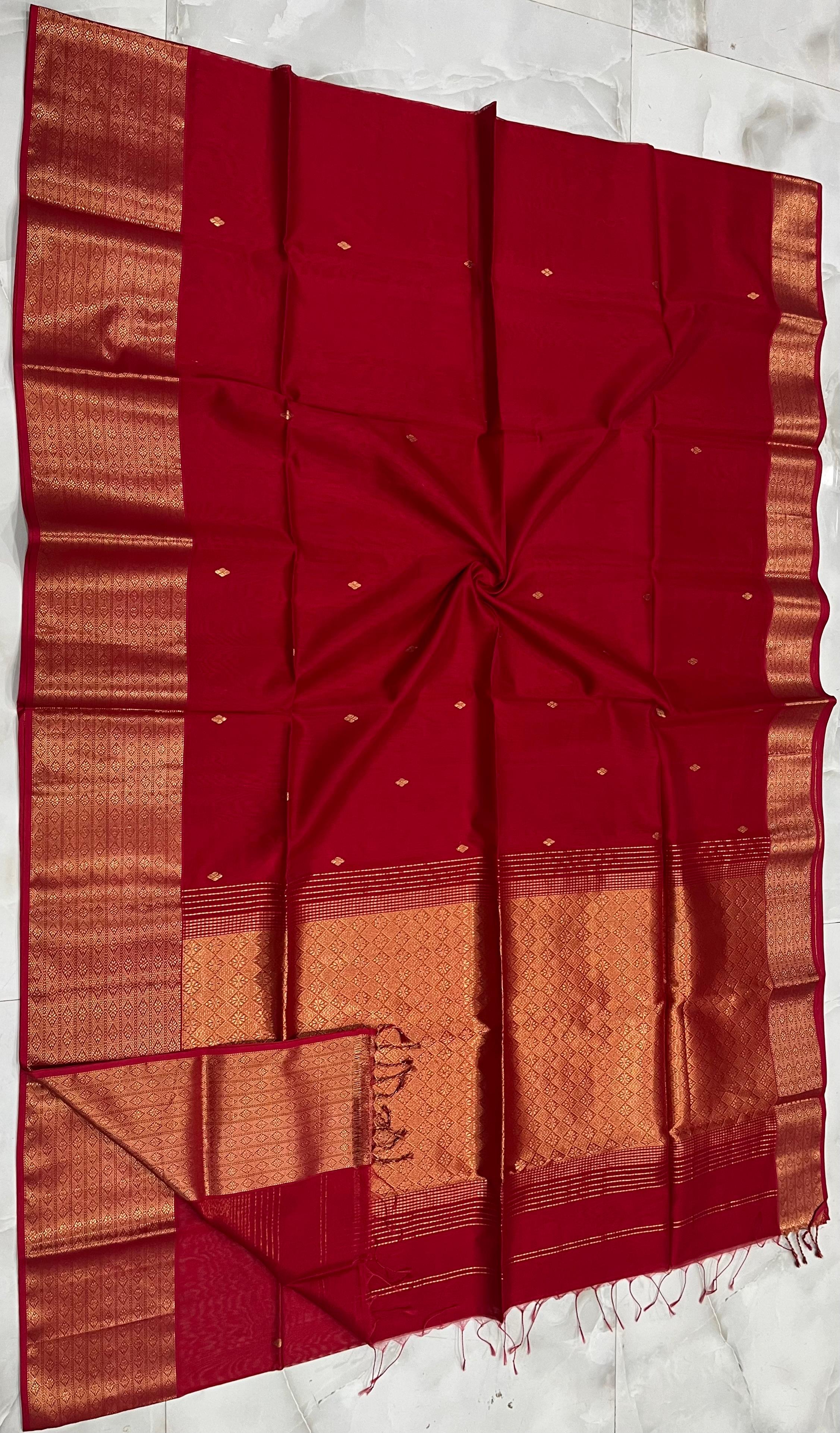 Red Maheshwari Silk Saree with Golden Zari Border