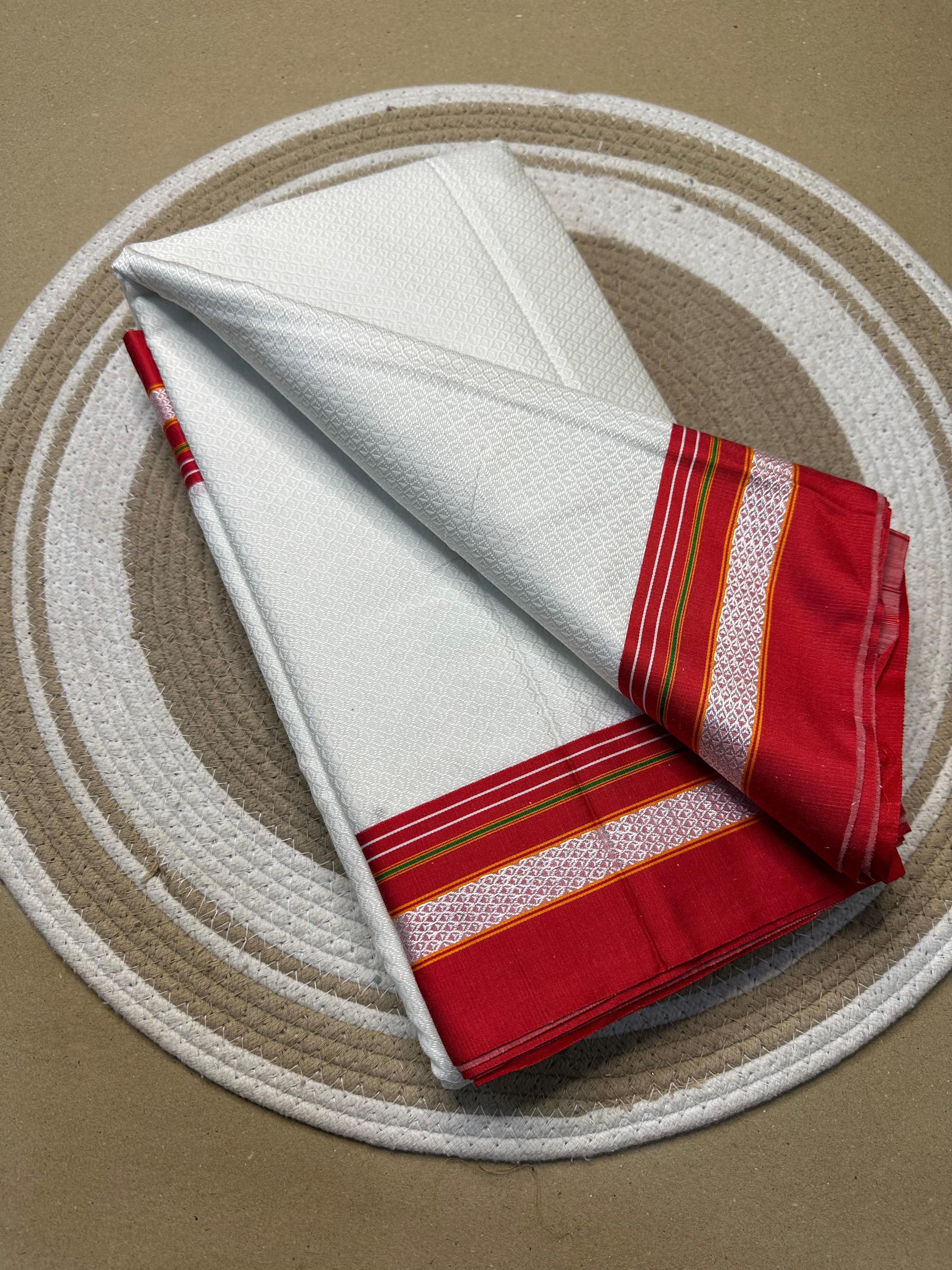 White Color Resham Khun Maharashtrian Style Saree With Contrast Blouse Piece